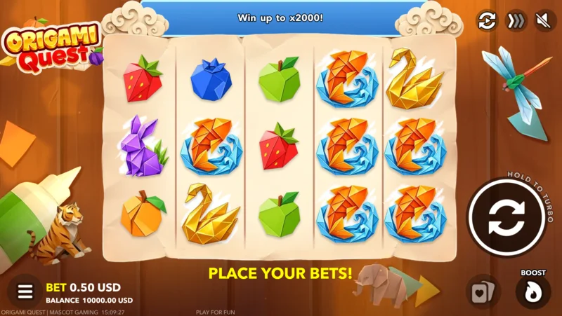 Origami Quest - screen ng laro na may betting panel at Boost button